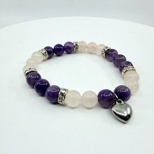 VTG Beaded Amethyst Rose Quartz Stretch Bracelet Silver Heart Pink Purple